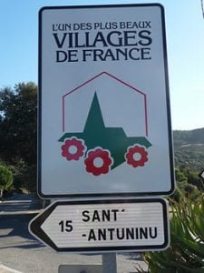 Corsica sign to Sant-Antuninu, one of France's most beautiful villages.Join us on our 2017 Corsica car tour.