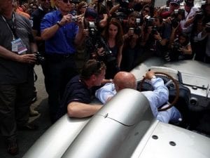 David Coulthard talks with Stirling Moss at the 2009 Mille Miglia, Brescia.Join us on our 2018 Mille Miglia tour